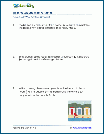 Variables And Equations Word Problem Worksheets K5 Learning