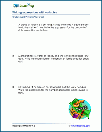 Word Problems With Variables And Expressions K5 Learning