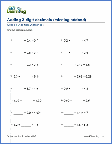 Grade 6 Math Worksheets: Adding Decimals (Missing Addends) | K5 Learning