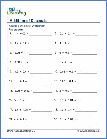 Grade 6 Math Worksheets: Addition of decimals | K5 Learning