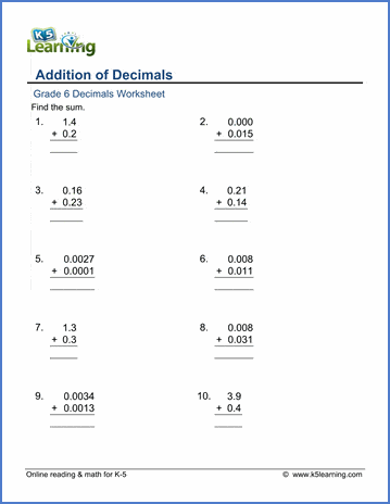 grade 6 math worksheets addition of decimals in columns k5 learning