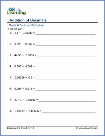 grade 6 math worksheets addition of decimals of varying length k5 learning