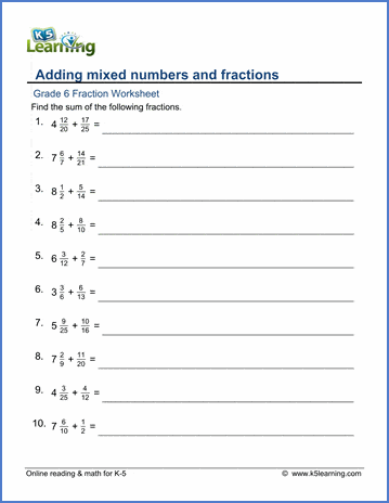 Grade 6 Math Worksheets: Adding fractions to mixed numbers | K5 Learning