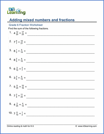 Grade 6 Math Worksheets: Adding Fractions To Mixed Numbers | K5 Learning