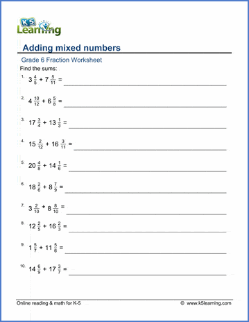 Grade 6 Fractions Worksheets: Adding mixed numbers | K5 Learning