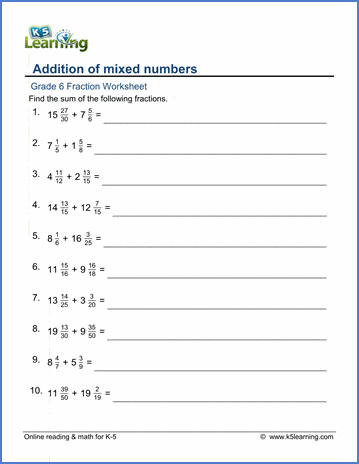 grade 6 fraction worksheets adding mixed numbers denominators 0 60 k5 learning