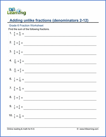 grade 6 math worksheets adding unlike fractions denominators 2 12 k5 learning