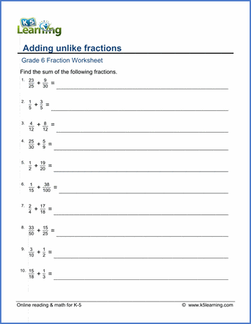 Grade 6 Math Worksheets: Adding unlike fractions (large denominators