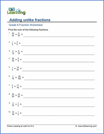 grade 6 math worksheets adding unlike fractions large denominators k5 learning