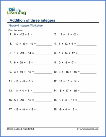 Grade 6 Integers Worksheets Adding 3 Integers