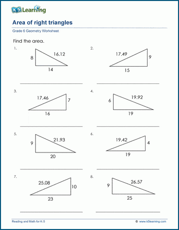 Area of Right Triangle Worksheets