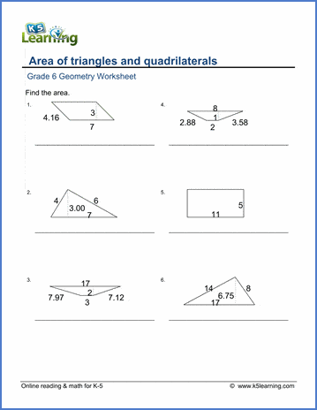 Grade 6 Geometry Worksheets Area Of Triangles Quadrilaterals K5 Learning