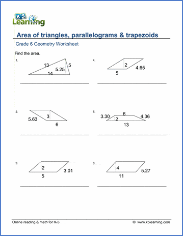 Grade 6 Worksheets Area Of Triangles Parallelograms Trapezoids K5 Learning