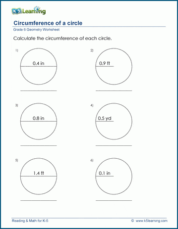 Grade 6 Geometry Worksheet circumference of circles