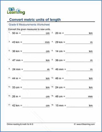 Grade 6 Measurement Worksheets Metric lengths mm cm m and km