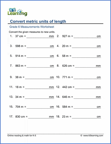 Grade 6 Math Worksheet Measurement Convert Metric Lengths K5 Learning