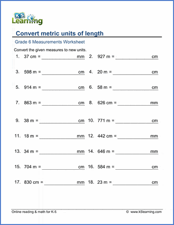 Grade 6 Math worksheet Measurement convert metric lengths K5 Learning