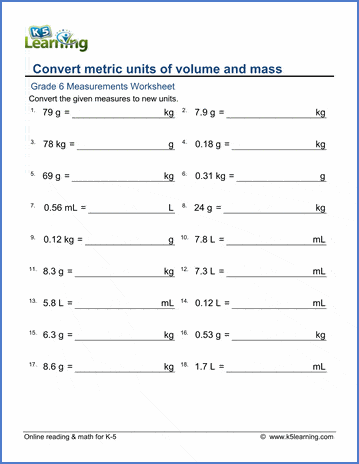 grade 6 measurement worksheet metric volumes and weights decimals