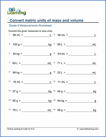 Grade 6 Measurement Worksheet: Metric volumes and weights | K5 Learning