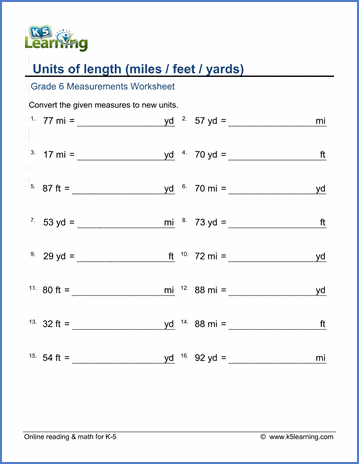 Grade 6 Worksheets Convert Lengths Between Feet Yards And Miles K5 Learning