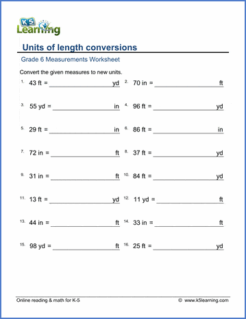 Grade 6 Measurement Worksheets Convert Lengths Inches Feet Yards K5 Learning