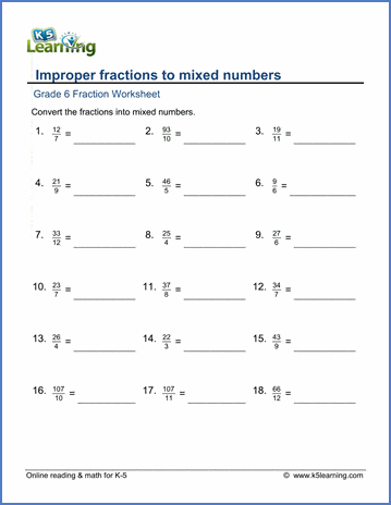 grade 6 fractions worksheets convert fractions to mixed numbers k5