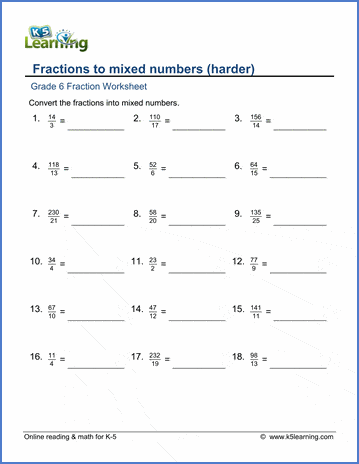 Grade 6 Math Worksheets: Convert fractions to mixed numbers - harder ...