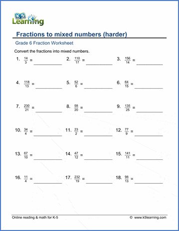 grade 6 math worksheets convert fractions to mixed numbers harder