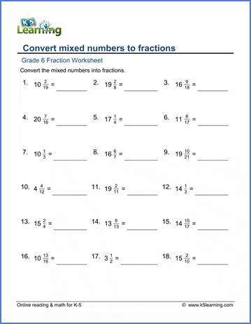Grade 6 Fractions Worksheets: Convert mixed numbers to fractions | K5