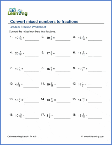 improper fraction to mixed number worksheet