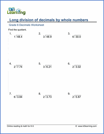 decimal worksheets long division of decimals by whole