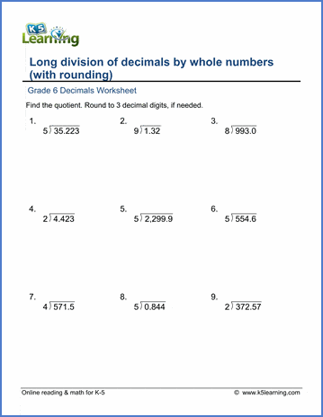 worksheet long division of decimals by whole numbers