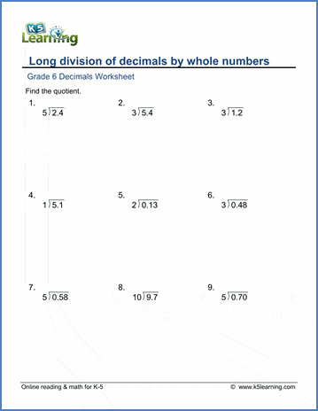 Grade 6 math worksheet - Decimals: long division of decimals by whole ...