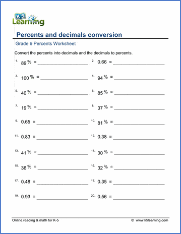 Grade 6 Math worksheet - Percents and decimals conversion | K5 Learning