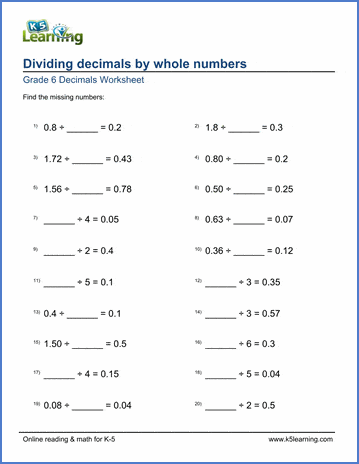 grade 6 worksheet divide decimals by whole numbers missing numbers k5 learning