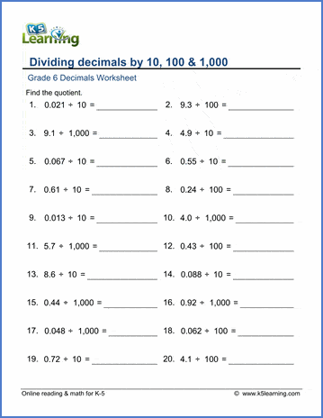 Grade 6 Math Worksheets: Decimals Divided By 10, 100 Or 1,000 | K5 Learning