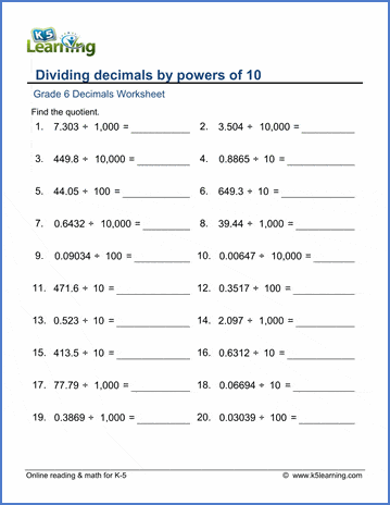 Grade 6 Math Worksheets Decimals Divided By Powers Of 10 K5 Learning