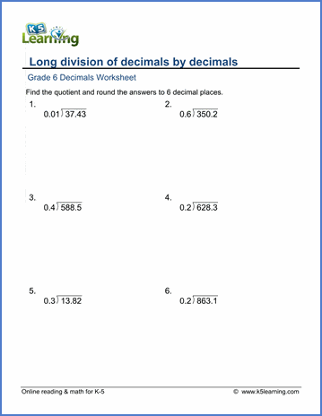 Grade 6 Math Worksheets: Long division of decimals (2-digits) | K5 Learning