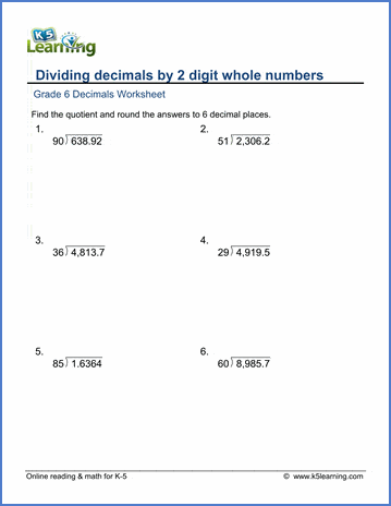 Grade 6 Math Worksheets: Divide decimals by 2-digit whole numbers | K5 ...