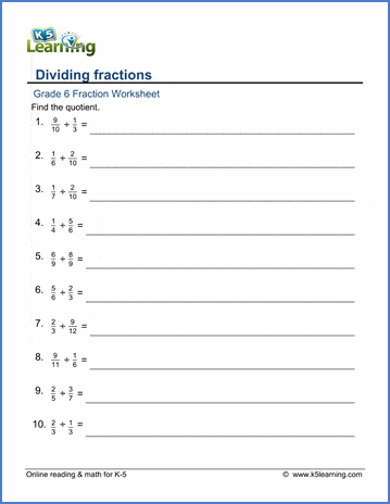 Grade 6 Math Worksheet - Fractions: Dividing Fractions | K5 Learning