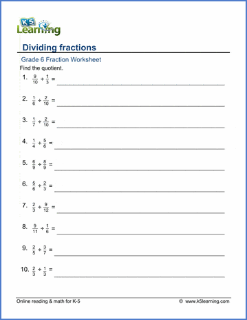 grade 6 math worksheet fractions dividing fractions