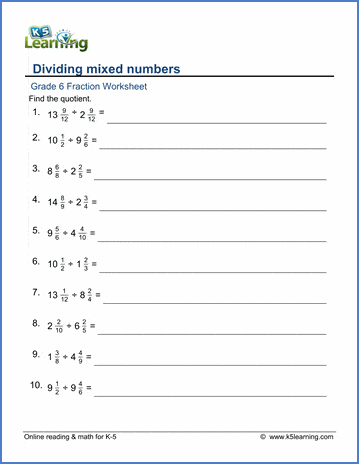 Grade 6 Math Worksheet - Fractions: Dividing Mixed Numbers | K5 Learning