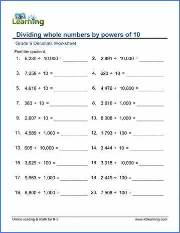 Grade 6 Decimal Worksheets Divide Whole Numbers By Powers Of 10 K5 Learning