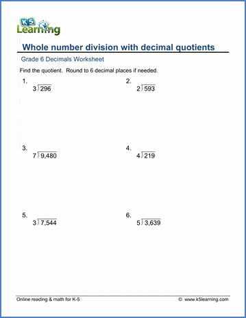 Grade 6 Math Worksheets: Whole number division with decimal quotients ...