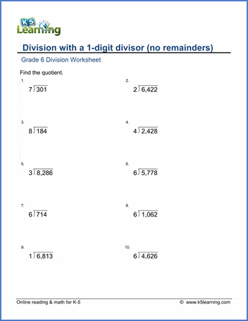 grade 6 math worksheets division by 1 digit divisor no remainder k5 learning