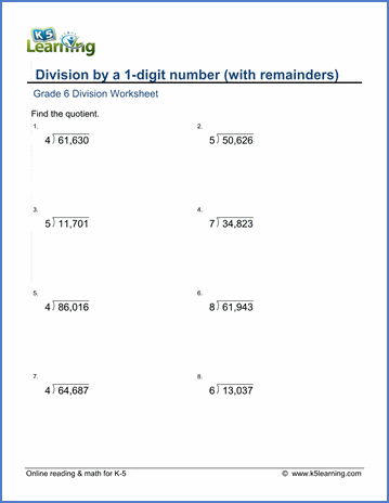 grade 6 math worksheets division by 1 digit with remainder k5 learning