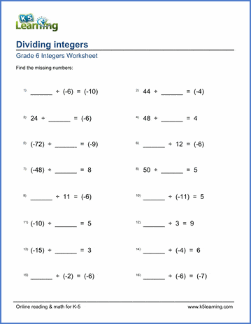 Grade 6 Integers Worksheets: Dividing integers (missing numbers) K5