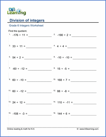 grade 6 integers worksheets division of integers k5 learning