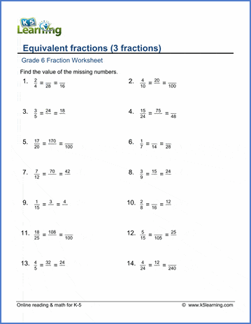 grade 6 fraction worksheets 3 equivalent fractions k5 learning