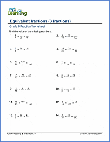 Grade 6 Fraction Worksheets: 3 Equivalent Fractions | K5 Learning